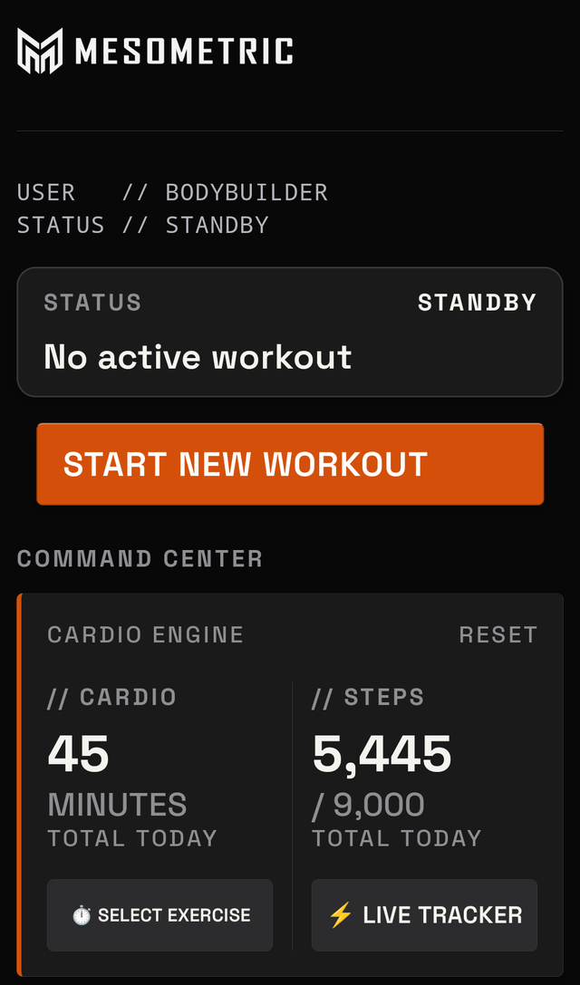 top of the Command Center with no active workout — the status panel, START NEW WORKOUT, and the Cardio Engine card