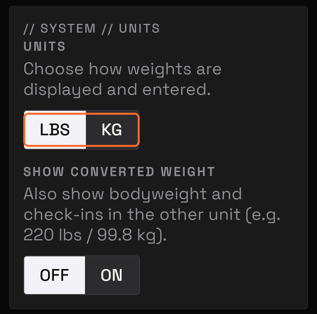 Settings screen, Athlete and Units cards