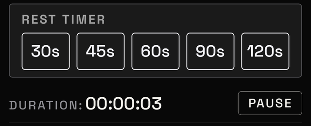 the Rest Timer card on the Active Workout screen, showing the preset buttons and the running duration