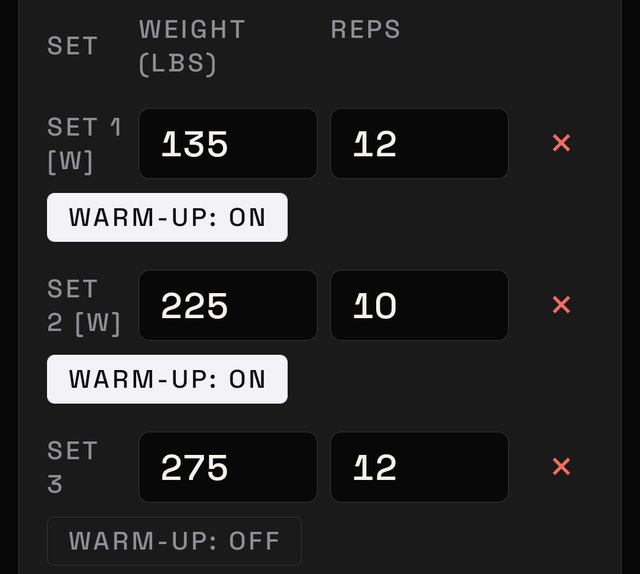 the planned set table in the Routine Editor, showing three sets with their warm-up toggles