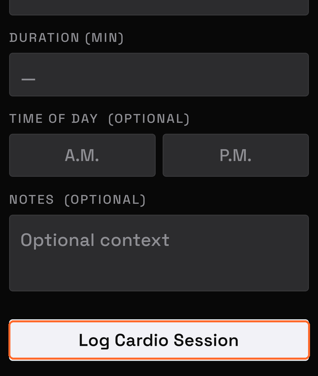 cardio session screen for Treadmill, typed in by hand