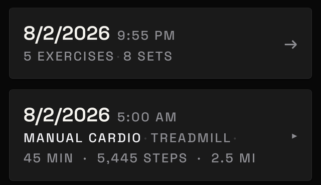 History list showing a workout row and a cardio row next to each other