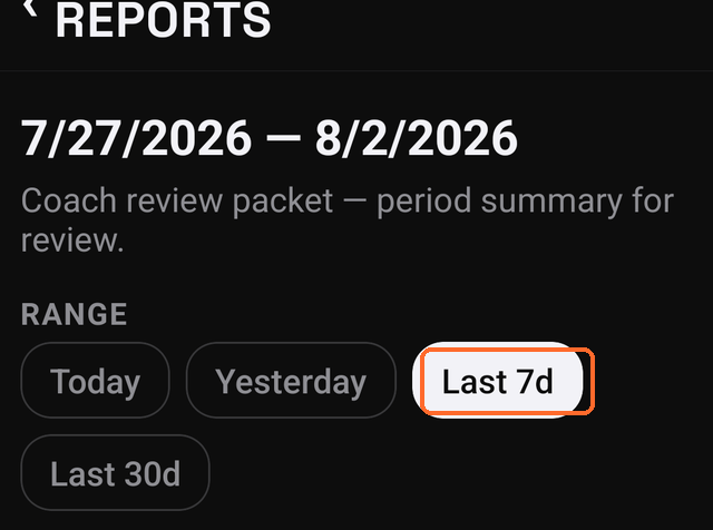 Coach Report screen with range buttons and the include list