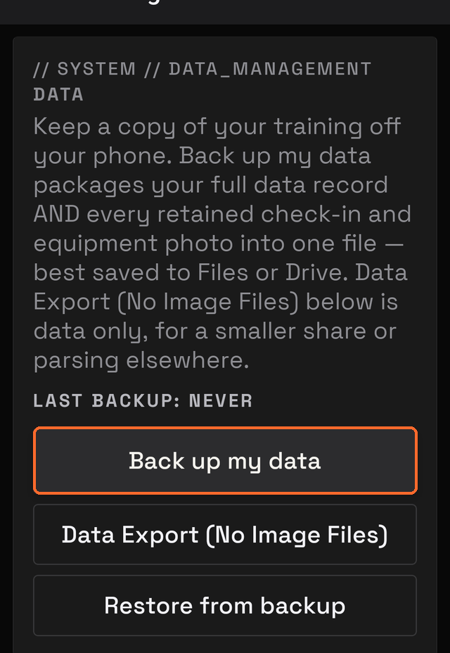 Settings Data card showing Back up my data